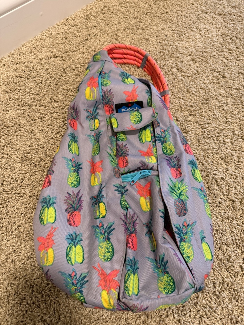 Kavu Pineapple Print Rope Sling Bag - Gray with Neon Yellow, Neon Green & Coral